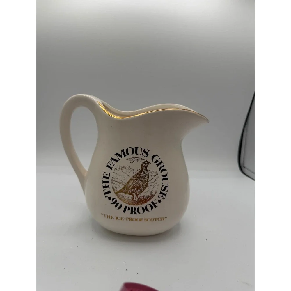 Vintage 1976 The Famous Grouse Scotch Whisky Pitcher Ceramic Barware Gold Rim